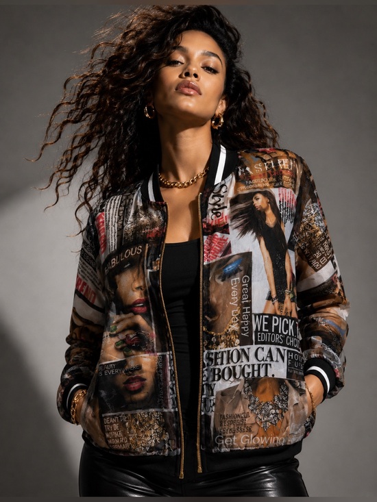 Blush Jackets & Blazers - Blush Brown Multi Graphic Collage Bomber Jacket